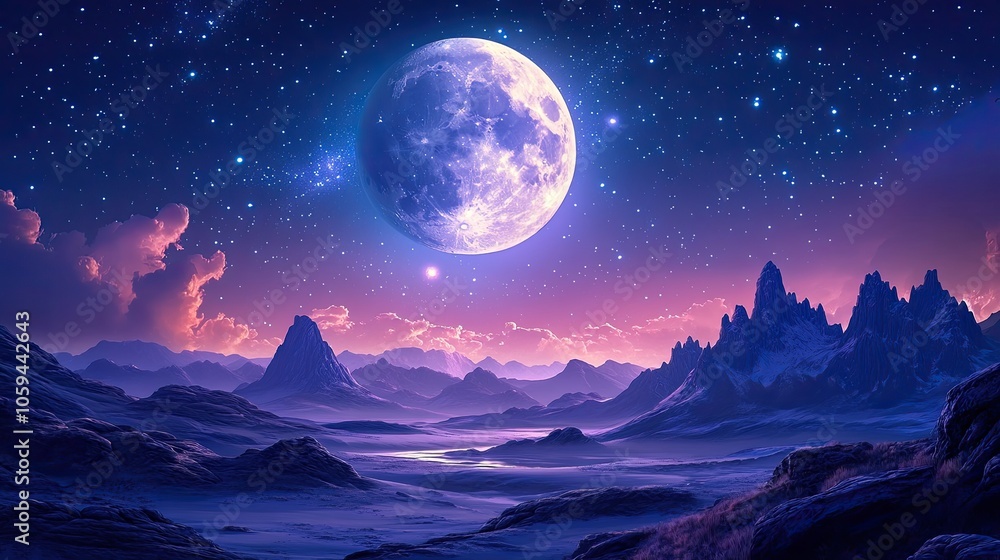 A vibrant, otherworldly landscape with a large, luminous moon, a starry sky, and a range of purple mountains in the distance. A vibrant, otherworldly landscape with a large, luminous moon, a starry sky, and a range of purple mountains in the distance.