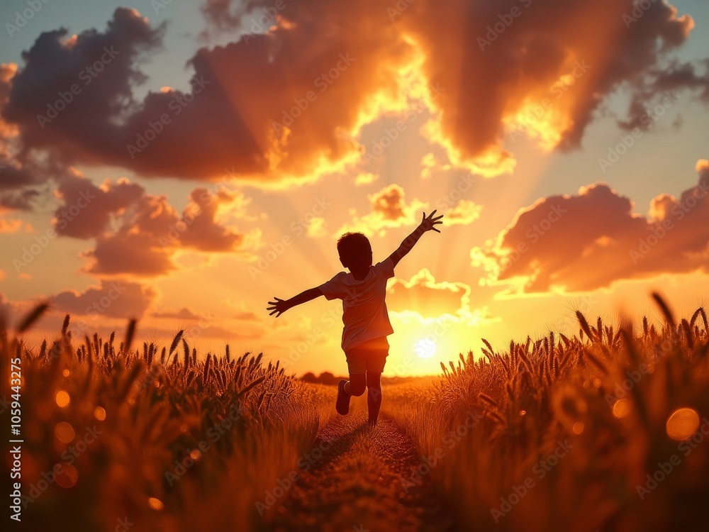 Joyful child running in wheat field at sunset with dramatic cloudscape Joyful child running in wheat field at sunset with dramatic cloudscape