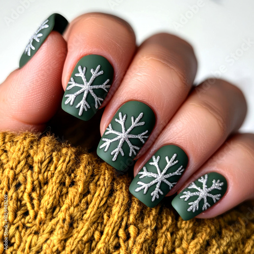 Stylish winter nails with snowflake designs on green matte polish.