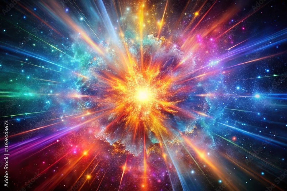 Cosmic explosion of colorful particles and energy in a vast space background, vibrant colors, astrophysical phenomenon, stellar explosion, cosmos, cosmic event Cosmic explosion of colorful particles and energy in a vast space background, vibrant colors, astrophysical phenomenon, stellar explosion, cosmos, cosmic event