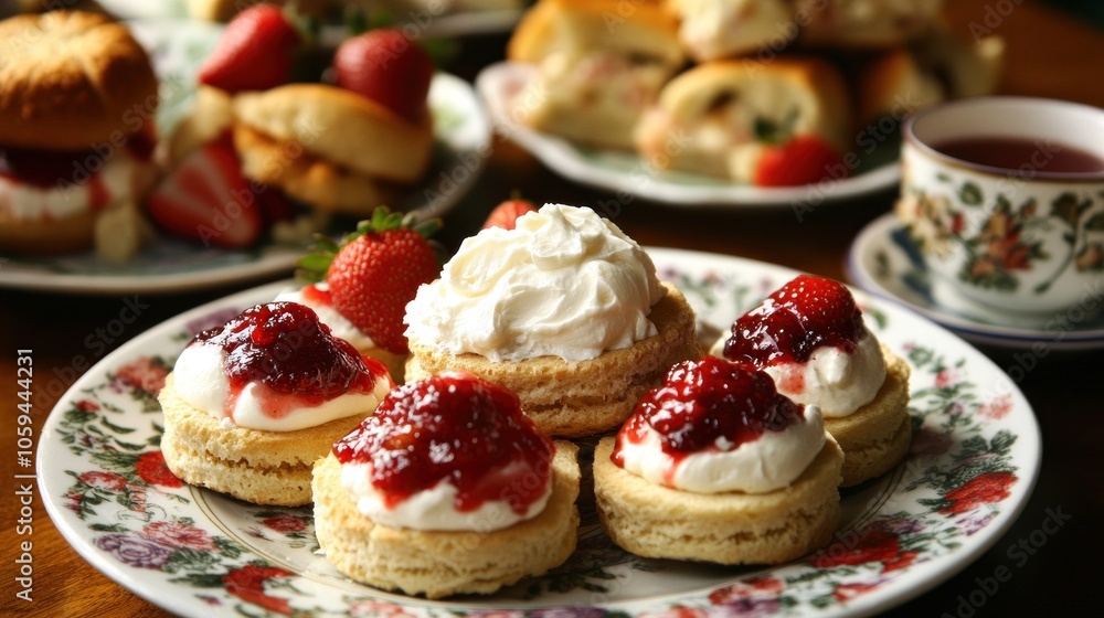 A close-up of a plate of scones with jam and cream, served with tea. A close-up of a plate of scones with jam and cream, served with tea.