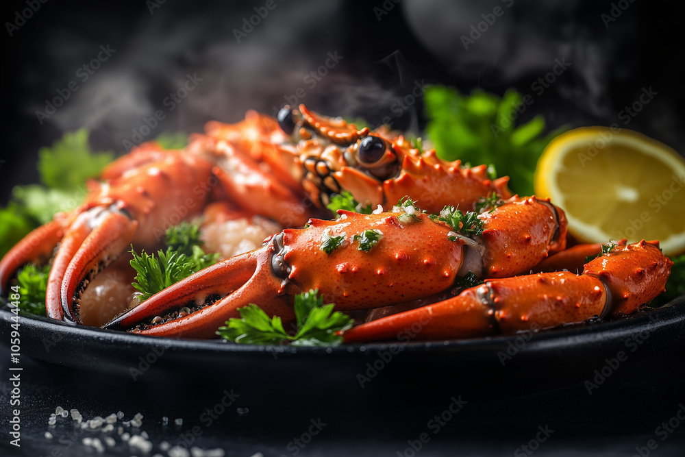 Prepared boiled king crab on the plate on the table close up. Front view. Prepared boiled king crab on the plate on the table close up. Front view.