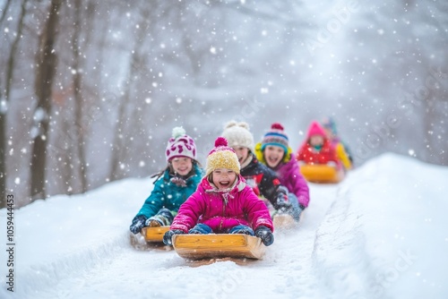 children racing down a snow-covered hill on wooden toboggans, bundled up in colorful winter clothes, minimal background with copy space