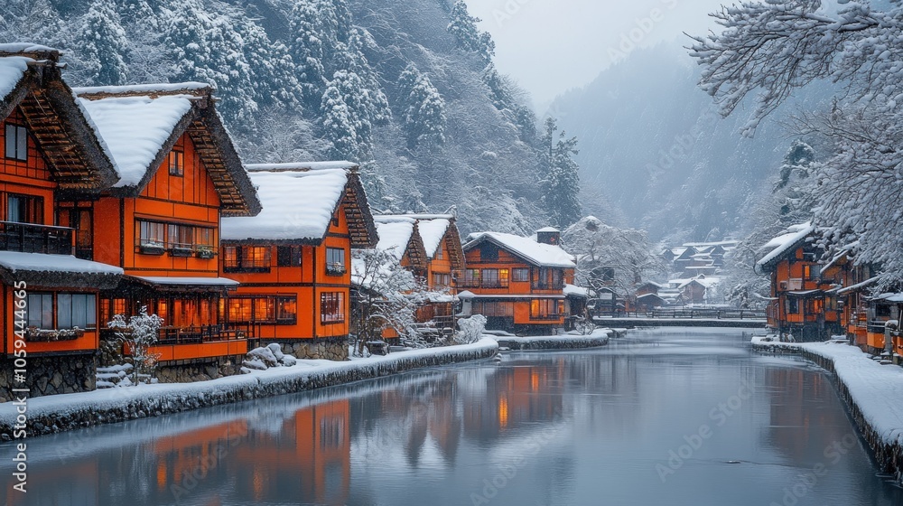 Fototapeta premium Snowy Village by the River