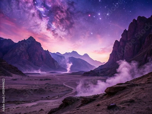 Surreal Purple Alien Landscape with Majestic Mountains and Enigmatic Smoke Rising - Dreamlike Drone Photography