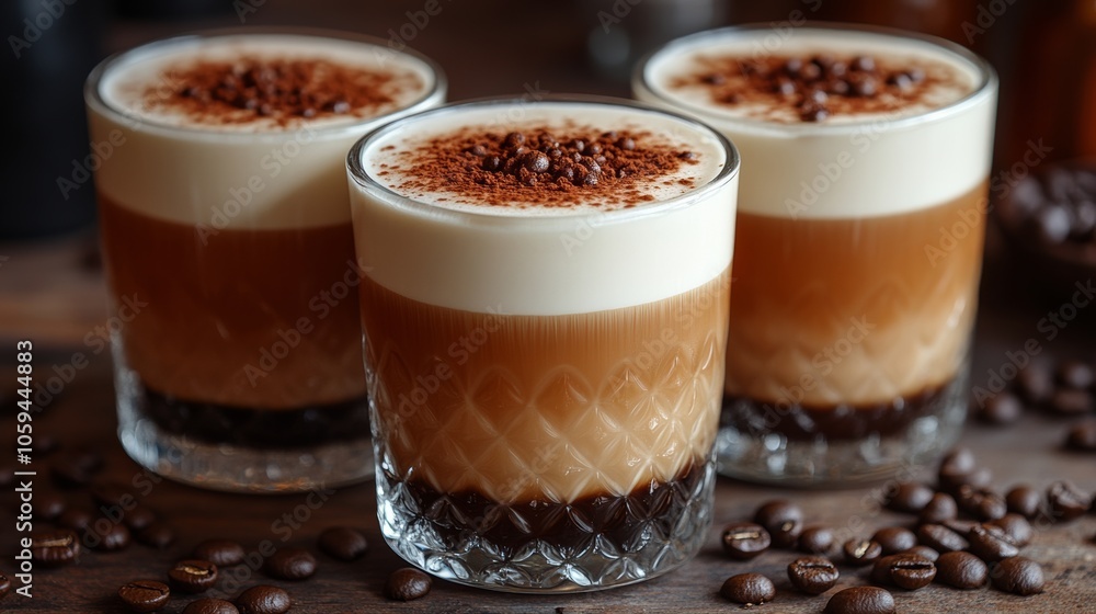 Creamy coffee cocktails decorated with chocolate sprinkles and coffee beans Creamy coffee cocktails decorated with chocolate sprinkles and coffee beans