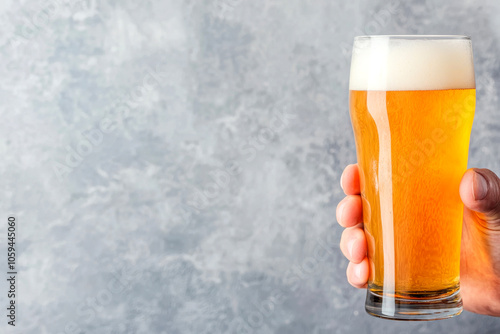 Hand holding a glass of freshly poured golden beer, white isolate background. photo