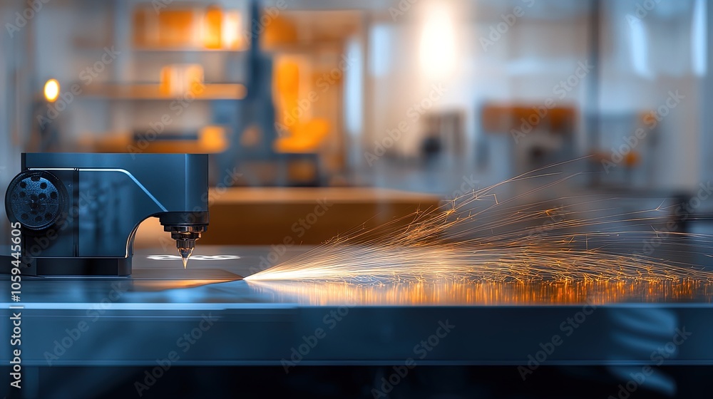 Dynamic Laser Cutter Sparks: A Striking Poster for Sports Interiors, Capturing Precision and Light Play in an Artisan Workshop Atmosphere Dynamic Laser Cutter Sparks: A Striking Poster for Sports Interiors, Capturing Precision and Light Play in an Artisan Workshop Atmosphere