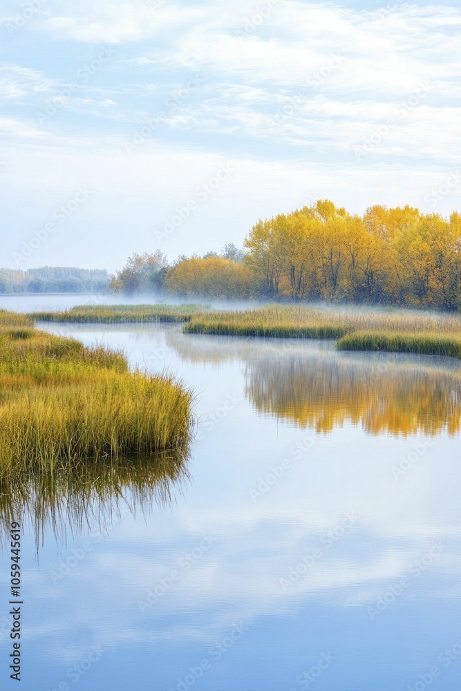 Fototapeta premium Healthy wetlands represent ecosystem stability with balanced flora and fauna, peaceful landscape, early morning mist, gentle reflections