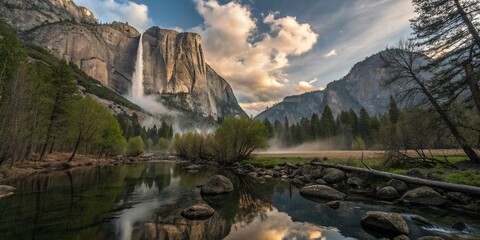Papier peint photo Canada Surreal View of Yosemite Falls from Swinging Bridge in Dreamlike Landscape  © Supittra