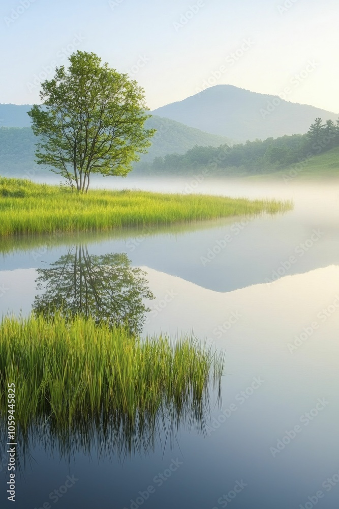 Obraz premium Healthy wetlands symbolize ecological balance with diverse plant and animal life, serene vistas, soft morning fog, and tranquil water surfaces.