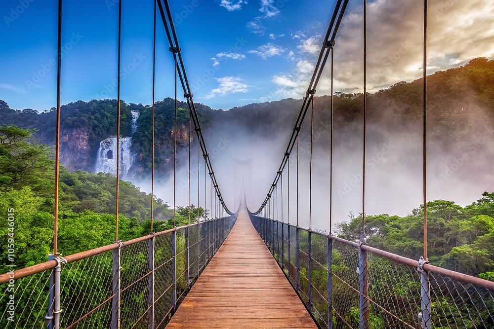 Obraz premium Suspension Bridge in a Misty Rainforest - Enchanting Nature Photography for Adventure Lovers