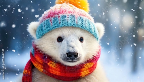 A playful and affectionate polar bear cub, his fluffy white fur standing out against a snowy backdrop photo