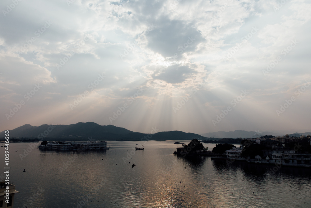 Dramatic sunset over the lake in Udaipur, India Dramatic sunset over the lake in Udaipur, India