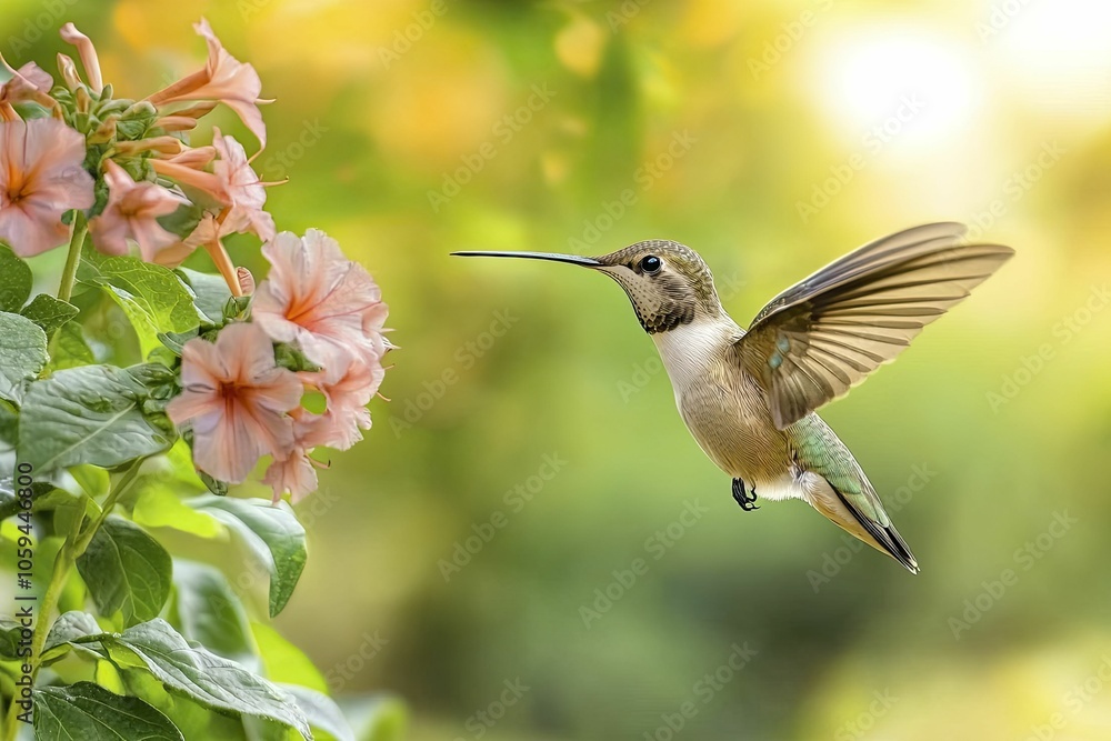 Fototapeta premium Pollination services illustrated by hummingbirds hovering around blossoms, vibrant tropical scene with striking colors, sharp contrasts emphasizing features.