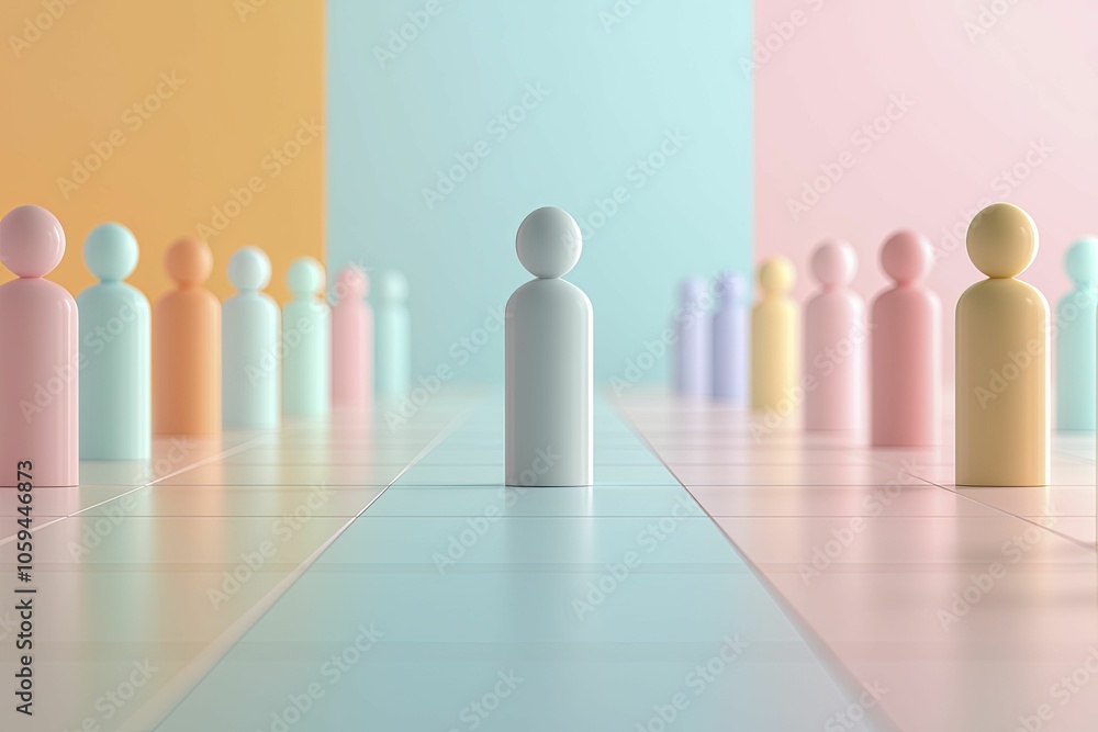 Proxemics theory conveyed through a grid layout displaying varying distances between figures, utilizing soft colors and geometric simplicity. 3D illustration Proxemics theory conveyed through a grid layout displaying varying distances between figures, utilizing soft colors and geometric simplicity. 3D illustration
