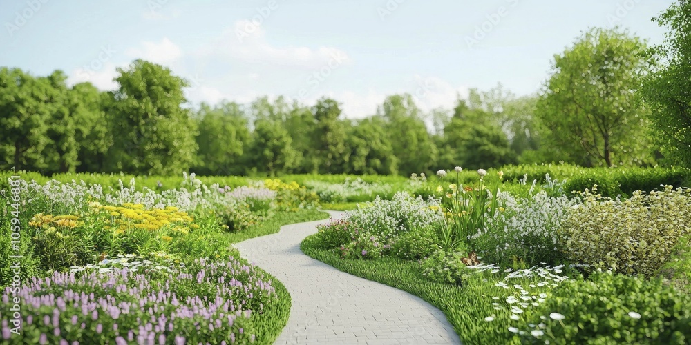 Pollinator garden, diverse plant life and charming pathways, cheerful park environment Pollinator garden, diverse plant life and charming pathways, cheerful park environment