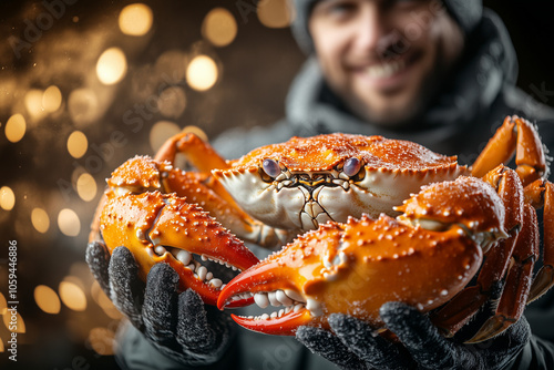 Fisherman showing a king crab catch close up. Seafood industry concept.
