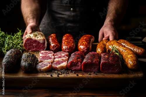 Various types of sausage products and meat on a grocery market counter background. Close up. photo