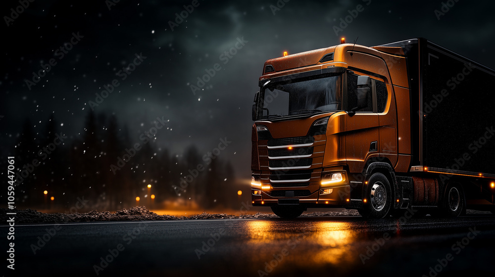 Cargo truck driving on a night road background. Cargo truck driving on a night road background.