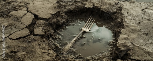 Fork lying in a puddle on barren land symbolizing hunger and drought