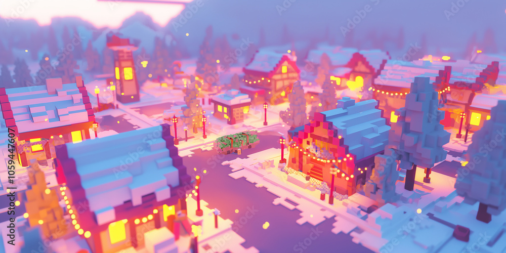 Cozy Christmas Village Square: 2D/3D scene of a snowy village square with glowing holiday lights and decorated storefronts Cozy Christmas Village Square: 2D/3D scene of a snowy village square with glowing holiday lights and decorated storefronts