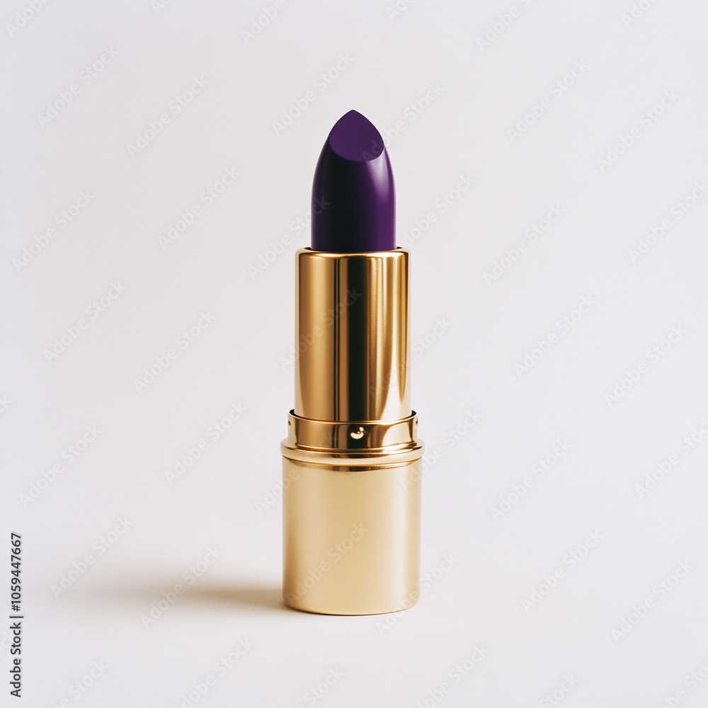 purple lipstick in a gold case on a light background with shadow purple lipstick in a gold case on a light background with shadow