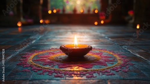 Beautiful Diya Lamp and Colorful Rangoli Design for Traditional Diwali Celebration and Festivities photo