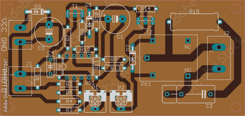 Vector printed circuit board of electronic 
device with components of radio elements, 
conductors and contact pads placed on pcb. 
Computer technic cad design.
Engineering drawing.