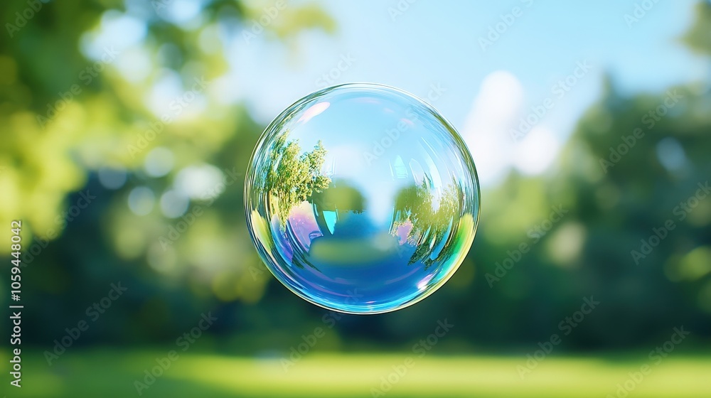 A vibrant soap bubble floating in a lush green park under a clear blue sky. A vibrant soap bubble floating in a lush green park under a clear blue sky.