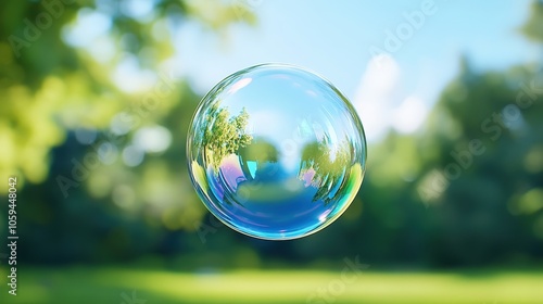 A vibrant soap bubble floating in a lush green park under a clear blue sky.