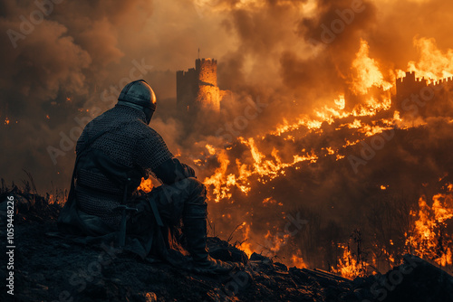 Tired knight sitting on a burning fallen medieval castle background. photo