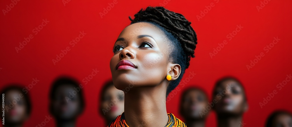 A young woman with an inspiring upward gaze, standing against a vibrant red background. In the blurred background, other faces appear out of focus, suggesting a supportive community behind her. A young woman with an inspiring upward gaze, standing against a vibrant red background. In the blurred background, other faces appear out of focus, suggesting a supportive community behind her.