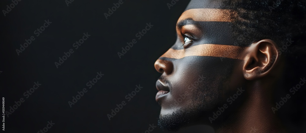 A striking side-profile portrait of a young person with face paint applied in bold, horizontal stripes across their face, creating a sense of cultural expression and artistic symbolism. A striking side-profile portrait of a young person with face paint applied in bold, horizontal stripes across their face, creating a sense of cultural expression and artistic symbolism.