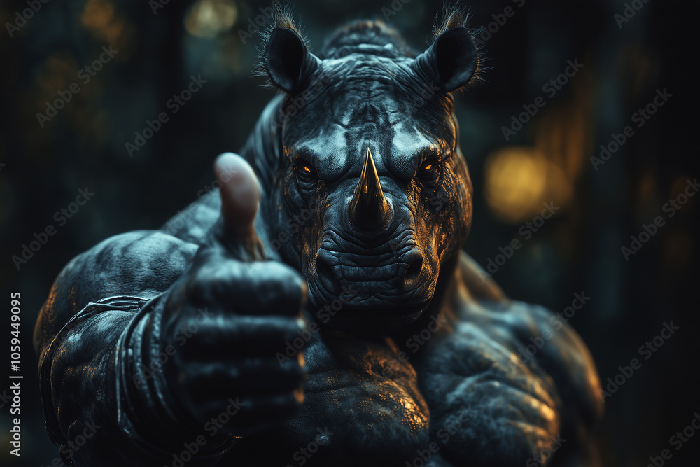 Powerful muscular rhinoceros with a human body showing a thumbs up gesture on a dark background. Powerful muscular rhinoceros with a human body showing a thumbs up gesture on a dark background.