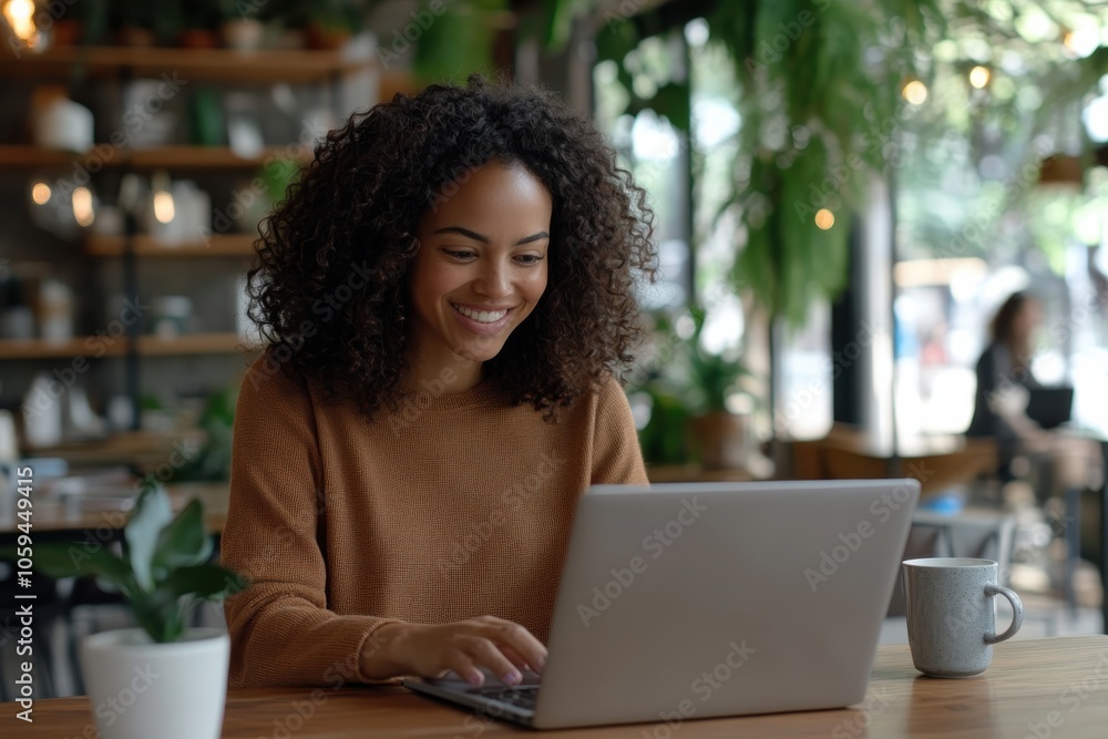 A woman with curly hair is sitting at a wooden table in a cozy cafe, smiling at her laptop. Plants and warm lighting enhance the inviting atmosphere. A woman with curly hair is sitting at a wooden table in a cozy cafe, smiling at her laptop. Plants and warm lighting enhance the inviting atmosphere.