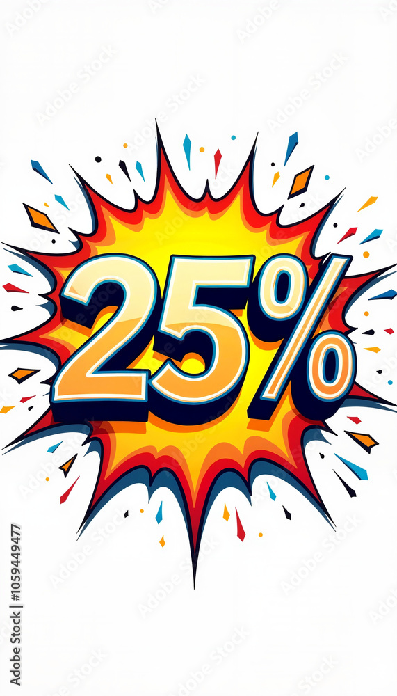 Colorful explosion graphic showcasing twenty-five percent off against a white background Colorful explosion graphic showcasing twenty-five percent off against a white background