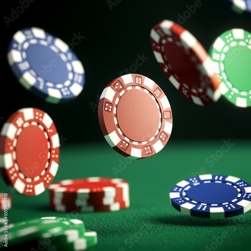 Colorful casino poker chips floating above a green gaming table. photo