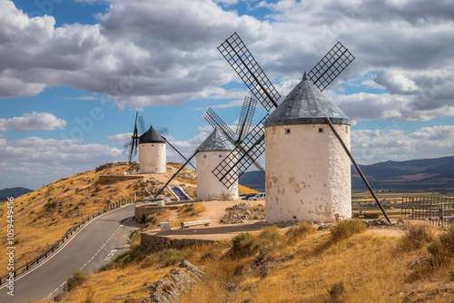 Beautiful exposure of the Windmills of Consuegra located on Castilla-La Mancha, Spain, inspiration for The Ingenious Gentleman Don Quixote of La Mancha, Spanish novel by Miguel de Cervantes