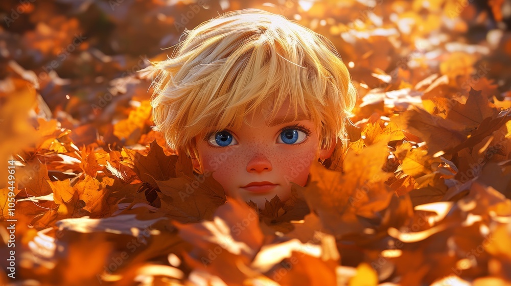 Blond boy hiding in pile of autumn leaves during sunset Blond boy hiding in pile of autumn leaves during sunset