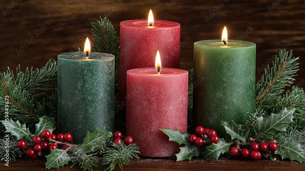 Four festive candles in red and green surrounded by holiday decorations. Four festive candles in red and green surrounded by holiday decorations.