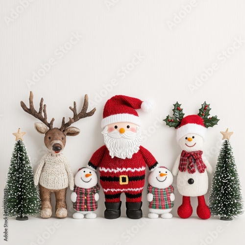 Festive decorations featuring Santa, snowmen, and reindeer on a white background.