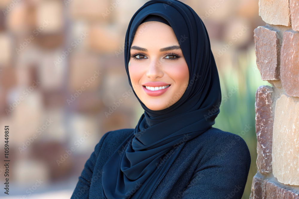 Portrait of smiling muslim woman wearing hijab in front of stone wall Portrait of smiling muslim woman wearing hijab in front of stone wall