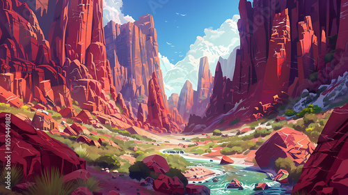 enchanted canyon, a mystical canyon with towering red rocks and a winding river, showcasing vibrant colors under a clear blue sky