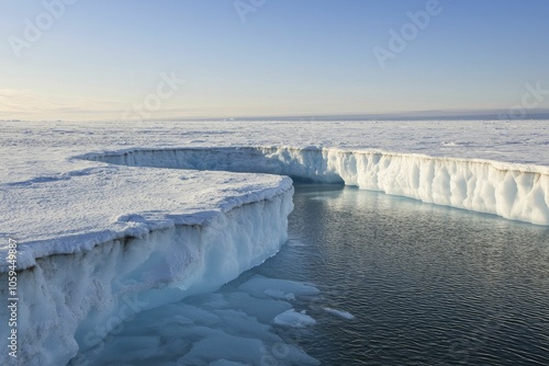 Water cycle disruption captured in melting glaciers, rising sea levels, cool tones, expansive horizon photo