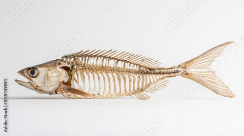 Intricate details of the fish's boney architecture are evident in this solitary specimen, which stands against a stark backdrop. photo