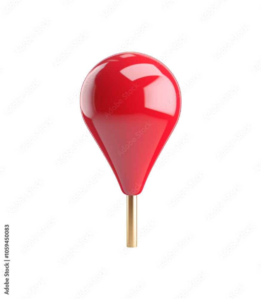 Red location pin pointing on golden stick on white background, for travel and navigation concepts Red location pin pointing on golden stick on white background, for travel and navigation concepts