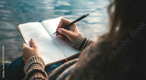 Concept of burnout break, digital detox, stress relief. Reflective journaling by the lakeside at sunset