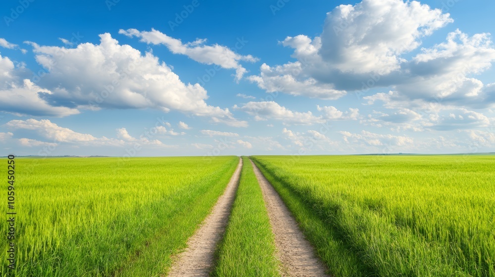 Winding dirt road through a serene field, captivating landscape of rural beauty and tranquility Winding dirt road through a serene field, captivating landscape of rural beauty and tranquility