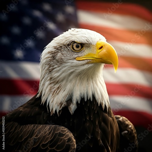  A majestic bald eagle gazes intently with its piercing yellow eyes, set against the backdrop of a blurred American flag photo